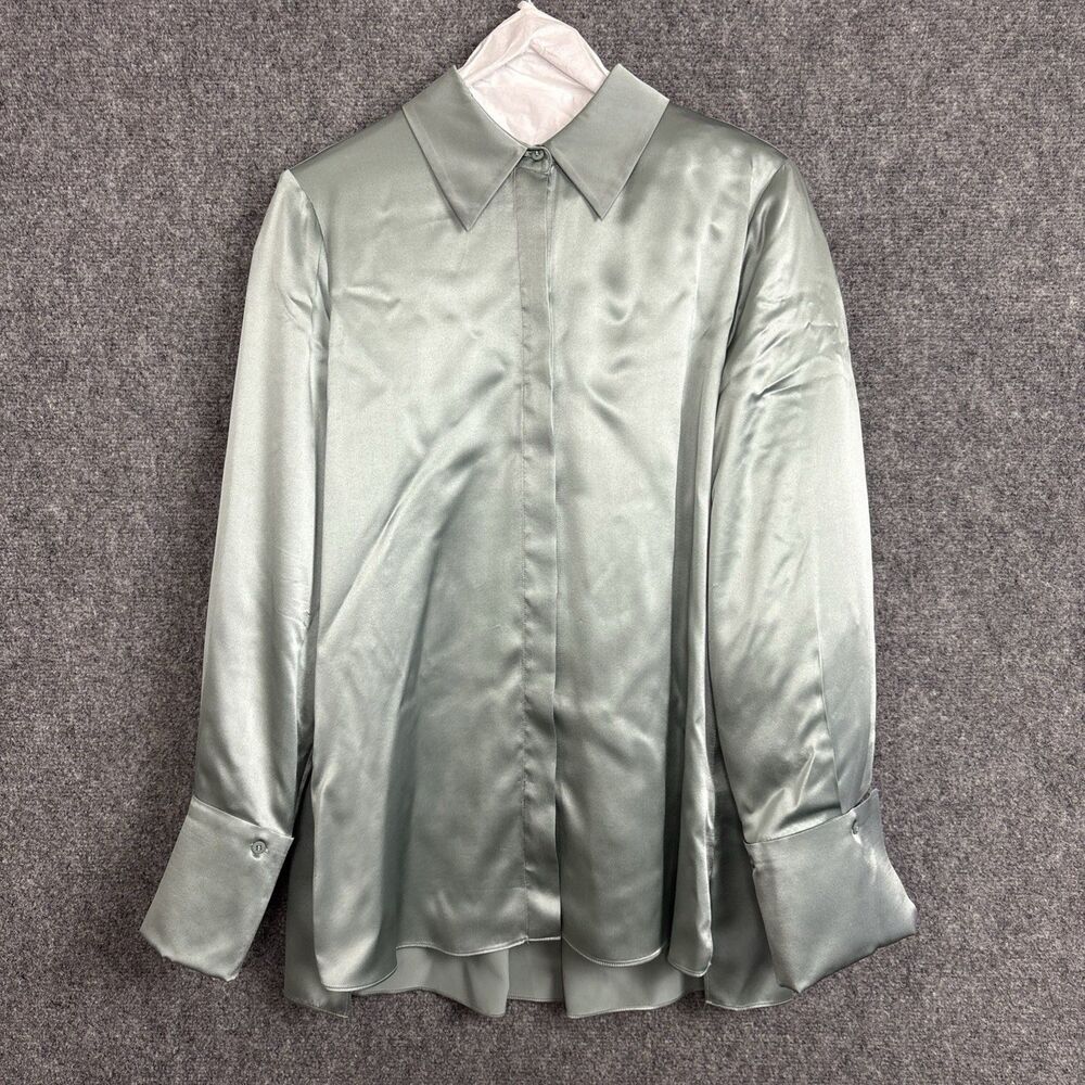 Reiss Hailey Silk Top Blouse Womens Size 8 Green Silk Button Double Cuff
